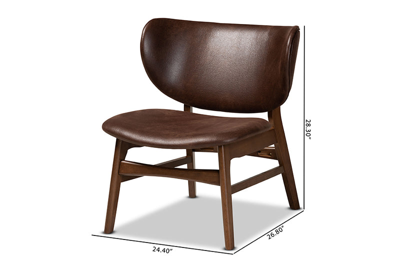 Naeva Mid-Century Modern Dark Brown Faux Leather Effect and Walnut Brown Finished Wood Living Room Accent Chair