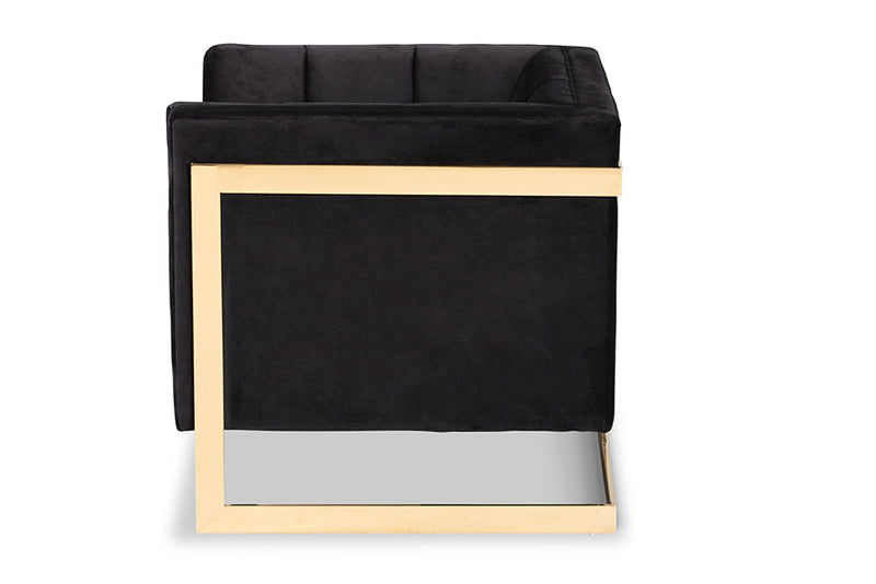 Herald Black Velvet Fabric Button Tufted Armchair w/Gold-Tone Frame Baxton