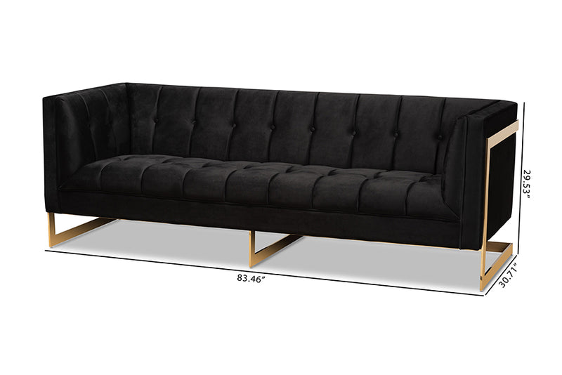 Herald Glam and Luxe Black Velvet Upholstered and Button Tufted Sofa w/Gold-Tone Frame