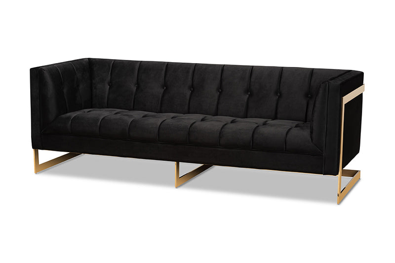 Herald Glam and Luxe Black Velvet Upholstered and Button Tufted Sofa w/Gold-Tone Frame