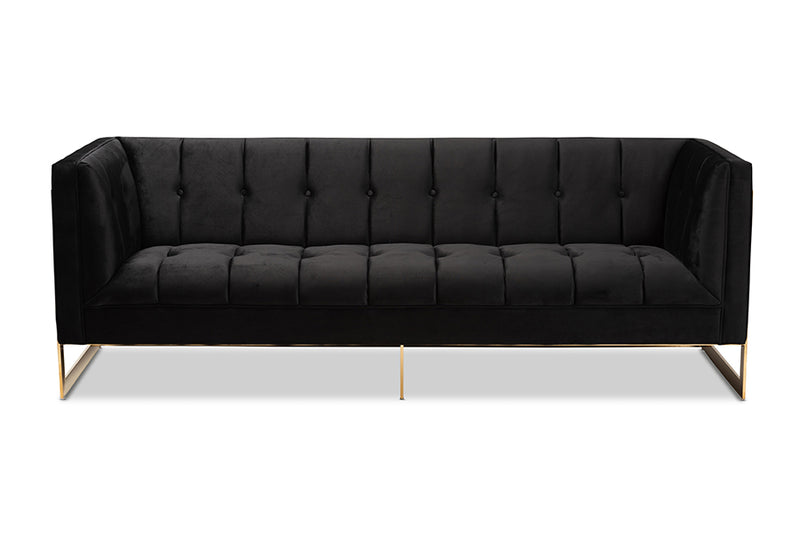 Herald Glam and Luxe Black Velvet Upholstered and Button Tufted Sofa w/Gold-Tone Frame