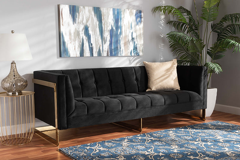 Herald Glam and Luxe Black Velvet Upholstered and Button Tufted Sofa w/Gold-Tone Frame