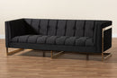 Herald Black Velvet Upholstered and Button Tufted Sofa w/Gold-Tone Frame Baxton