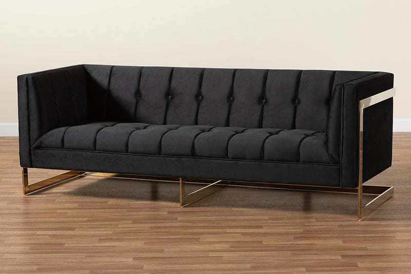 Herald Glam and Luxe Black Velvet Upholstered and Button Tufted Sofa w/Gold-Tone Frame