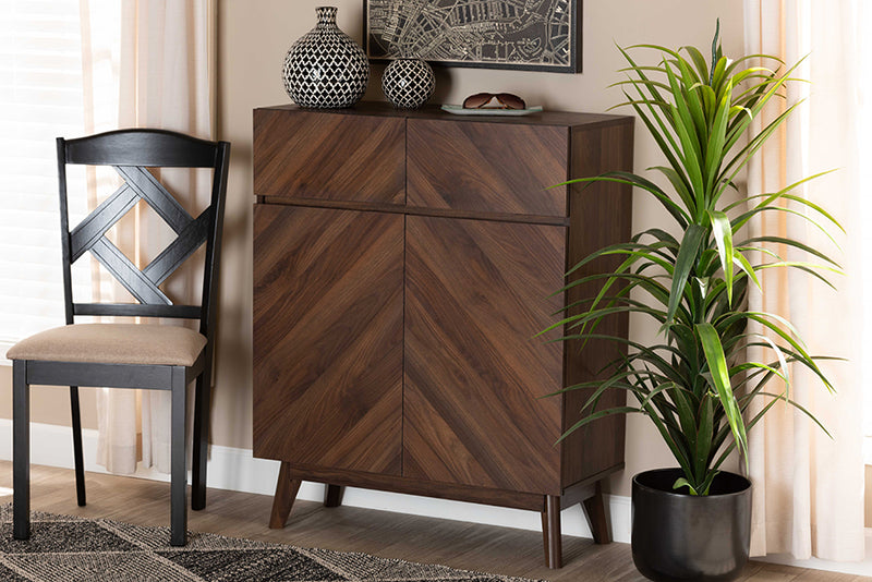 Leryn Mid-Century Modern Walnut Brown Finished Wood Shoe Cabinet