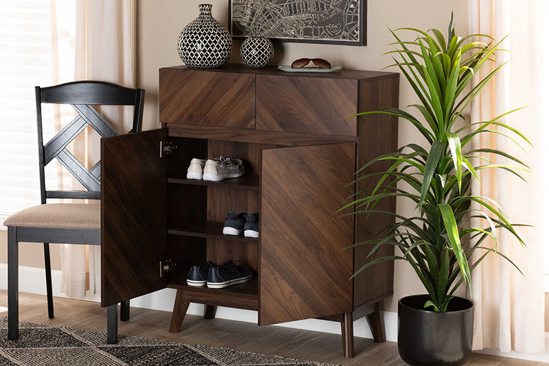 Leryn Mid-Century Modern Walnut Brown Finished Wood Shoe Cabinet