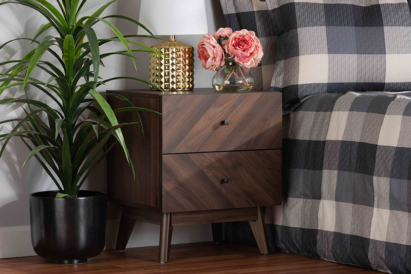 Leryn Mid-Century Modern Walnut Brown Finished Wood 2-Drawer Nightstand