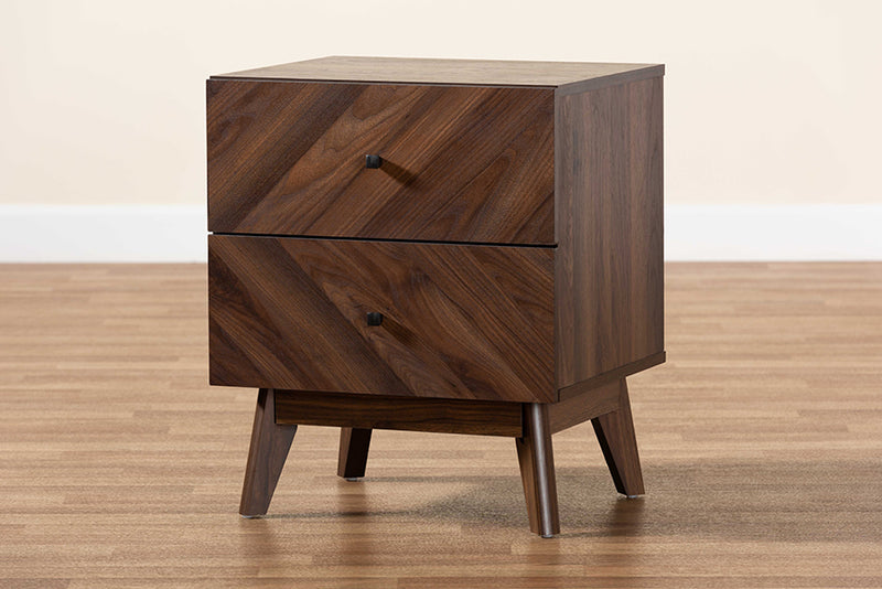 Leryn Mid-Century Modern Walnut Brown Finished Wood 2-Drawer Nightstand