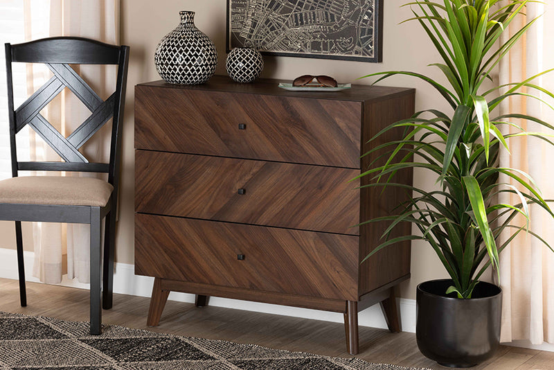 Leryn Mid-Century Modern Walnut Brown Finished Wood 3-Drawer Storage Chest