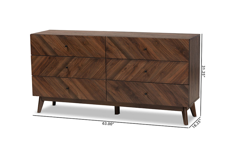 Leryn Mid-Century Modern Walnut Brown Finished Wood 6-Drawer Dresser