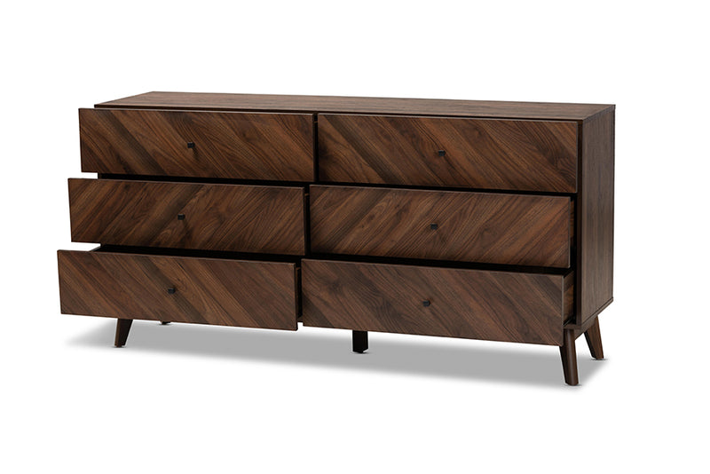 Leryn Mid-Century Modern Walnut Brown Finished Wood 6-Drawer Dresser