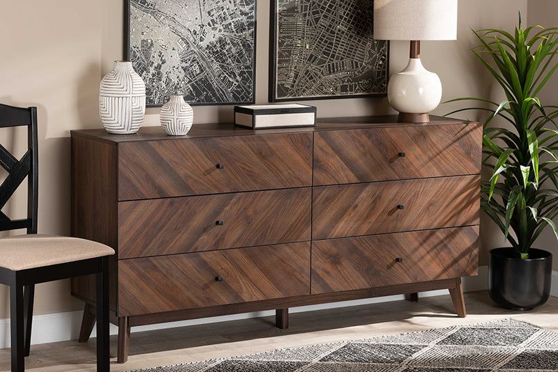 Leryn Mid-Century Modern Walnut Brown Finished Wood 6-Drawer Dresser