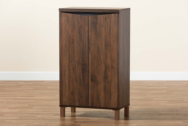 Toby Modern and Contemporary Two-Tone Walnut Brown and Dark Gray Finished Wood 2-Door Shoe Storage Cabinet