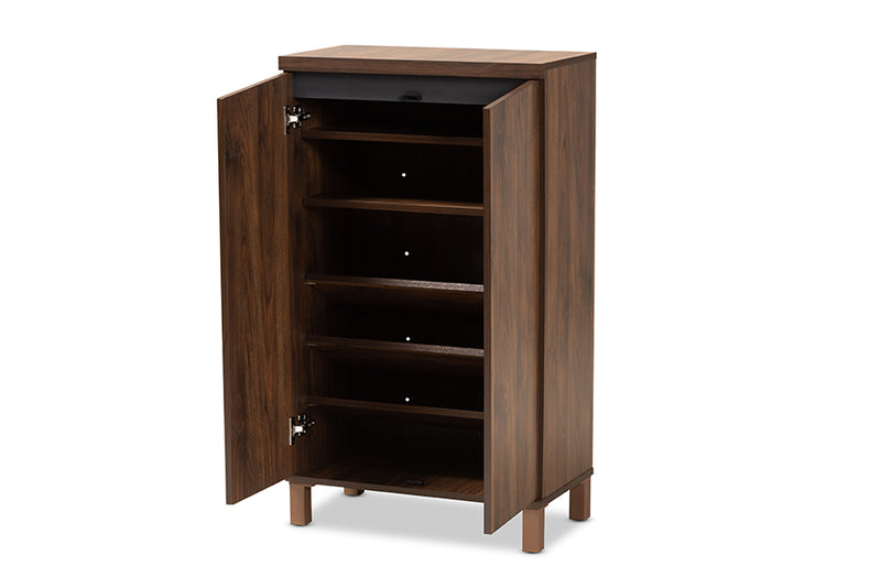 Toby Modern and Contemporary Two-Tone Walnut Brown and Dark Gray Finished Wood 2-Door Shoe Storage Cabinet