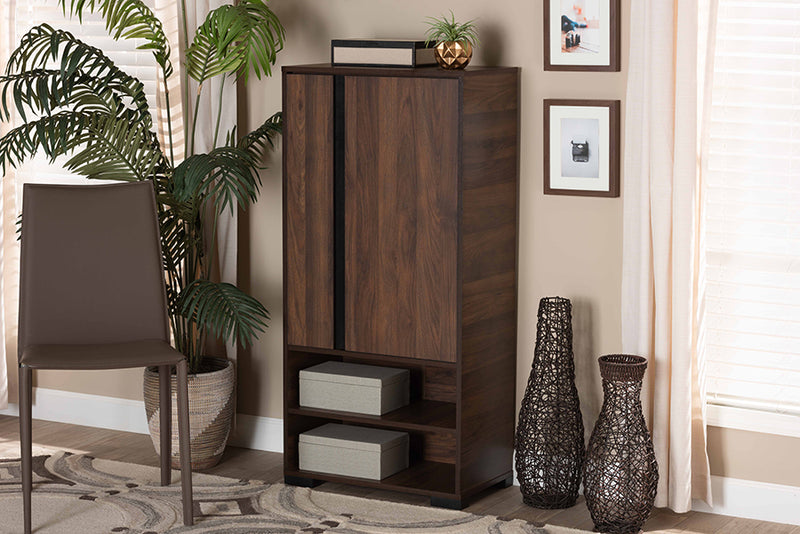 Macey Modern and Contemporary Two-Tone Walnut Brown and Black Finished Wood 2-Door Shoe Storage Cabinet