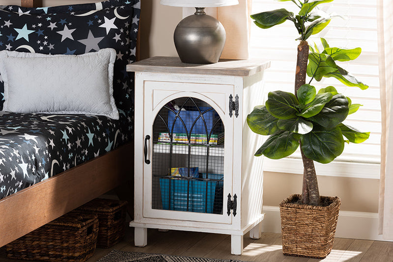 Adelaide Farmhouse Two-Tone Distressed White/Oak Brown 1-Door End Table Baxton