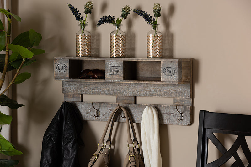 Mael Vintage Rustic Whitewashed Gray Oak Finished Wood Wall Mounted Coat Rack w/Shelves