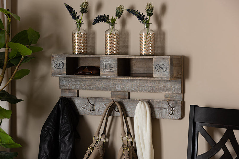 Mael Rustic Whitewashed Gray Oak Wall Mounted Coat Rack w/Shelves Baxton