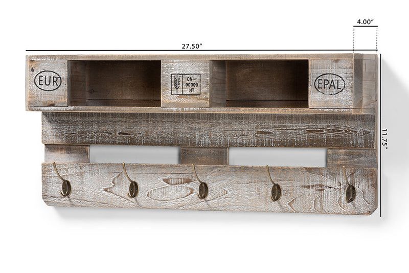 Mael Rustic Whitewashed Gray Oak Wall Mounted Coat Rack w/Shelves Baxton