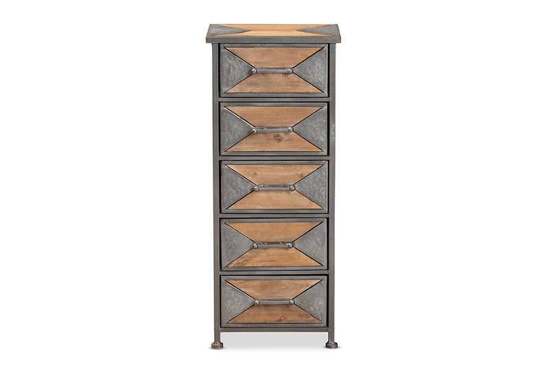 Dennis Rustic Industrial Antique Gray Finished Metal and Whitewashed Oak Brown Finished Wood 5-Drawer Accent Storage Cabinet
