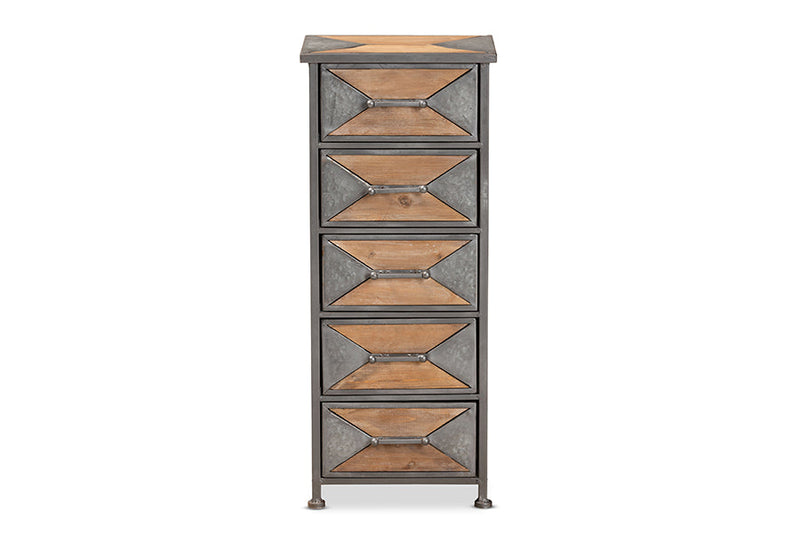 Dennis Antique Gray Whitewashed Oak Brown 5-Drawer Accent Storage Cabinet Baxton