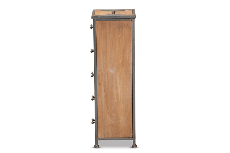 Dennis Antique Gray Whitewashed Oak Brown 5-Drawer Accent Storage Cabinet Baxton