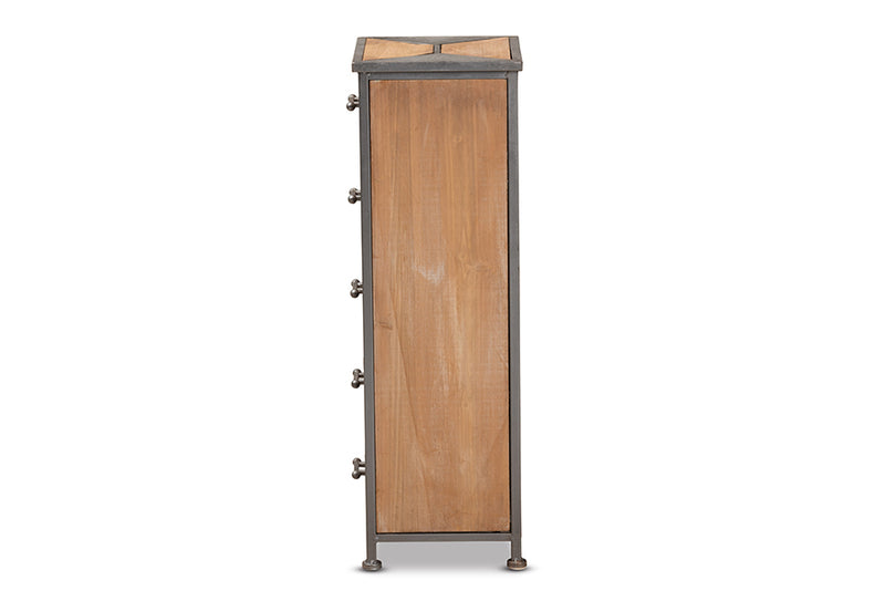 Dennis Rustic Industrial Antique Gray Finished Metal and Whitewashed Oak Brown Finished Wood 5-Drawer Accent Storage Cabinet