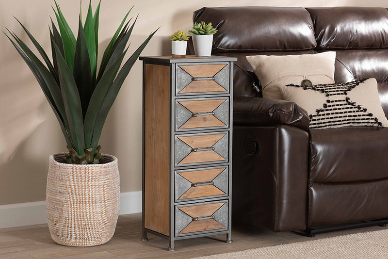 Dennis Rustic Industrial Antique Gray Finished Metal and Whitewashed Oak Brown Finished Wood 5-Drawer Accent Storage Cabinet