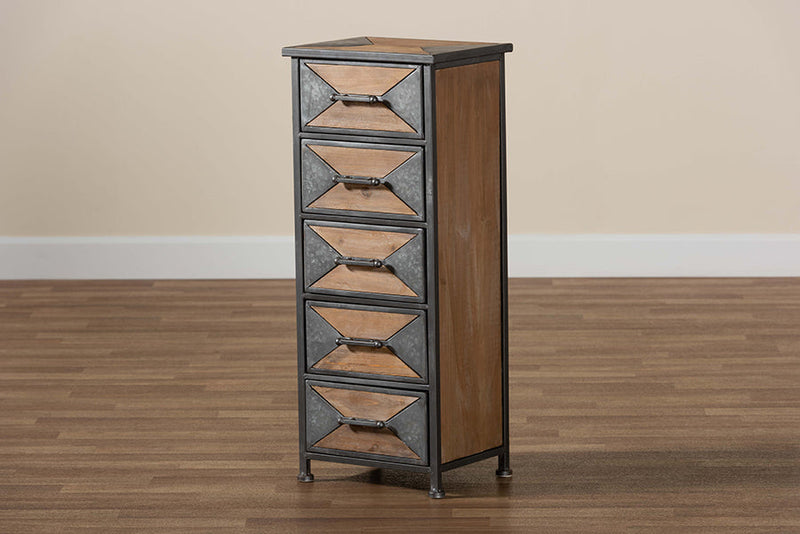 Dennis Antique Gray Whitewashed Oak Brown 5-Drawer Accent Storage Cabinet Baxton