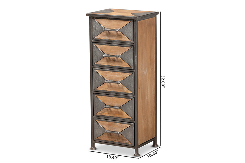 Dennis Rustic Industrial Antique Gray Finished Metal and Whitewashed Oak Brown Finished Wood 5-Drawer Accent Storage Cabinet