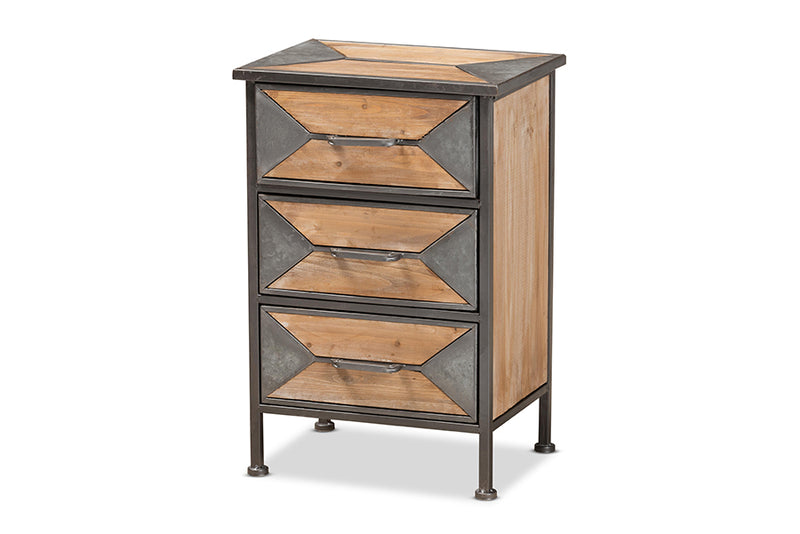 Dennis Rustic Industrial Antique Gray Finished Metal and Whitewashed Oak Brown Finished Wood 3-Drawer End Table