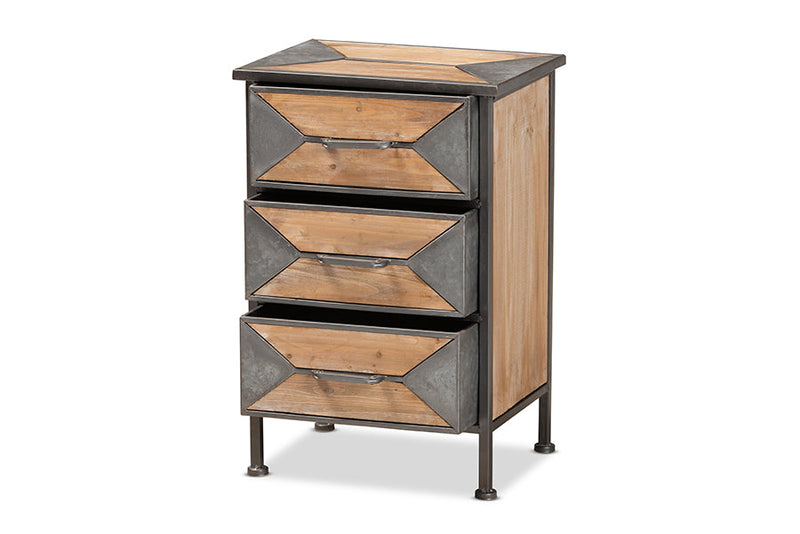 Dennis Antique Gray Finished Metal and Whitewashed Oak Brown 3-Drawer End Table Baxton