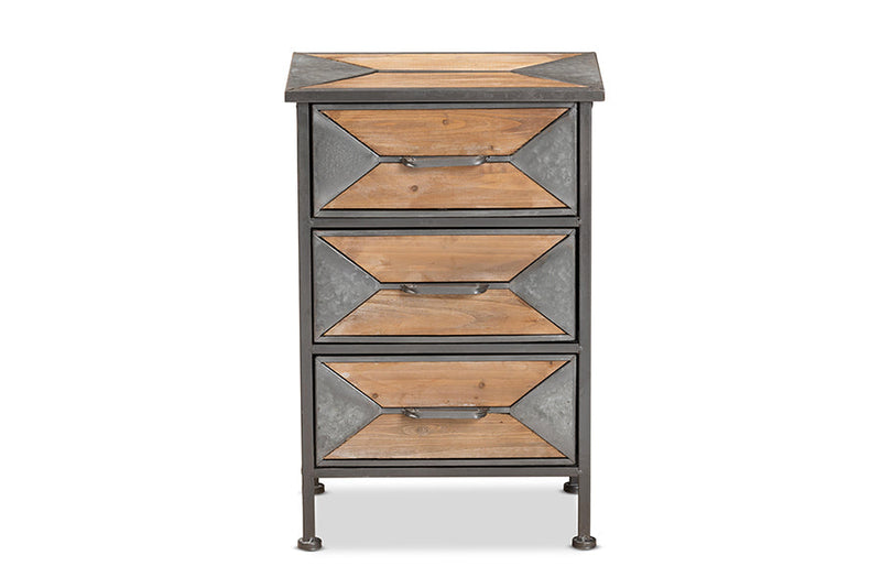 Dennis Antique Gray Finished Metal and Whitewashed Oak Brown 3-Drawer End Table Baxton