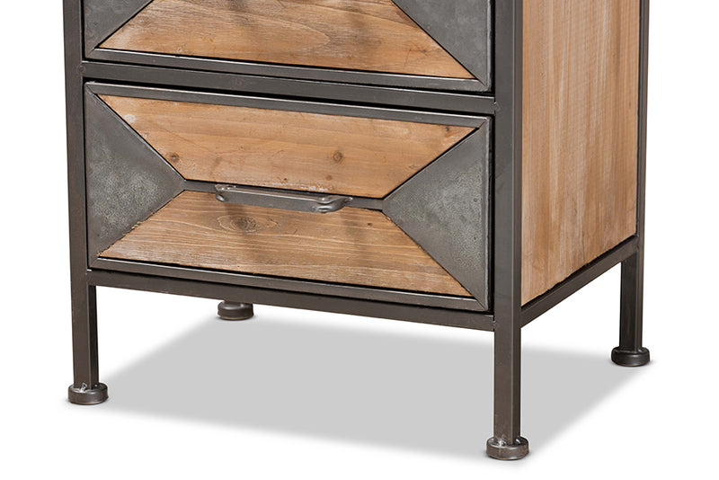 Dennis Rustic Industrial Antique Gray Finished Metal and Whitewashed Oak Brown Finished Wood 3-Drawer End Table