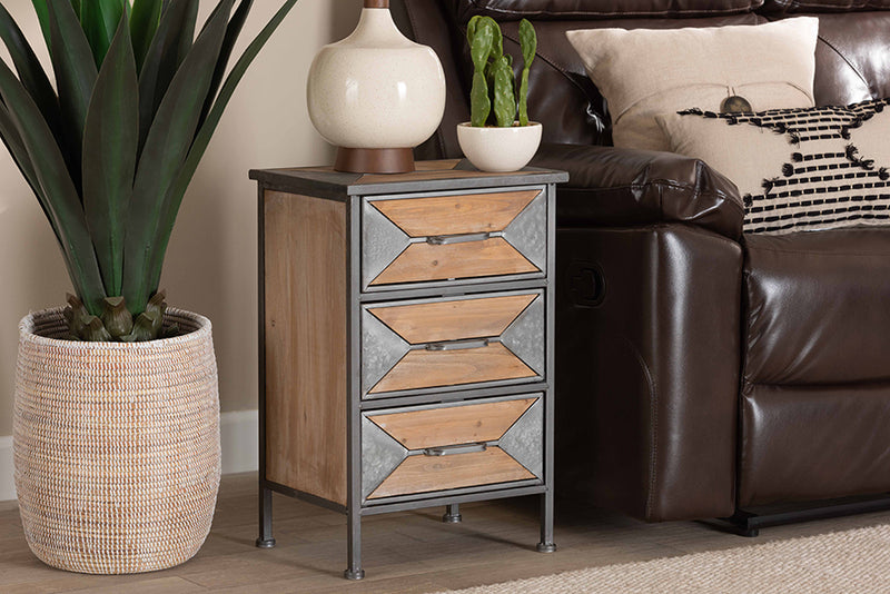 Dennis Rustic Industrial Antique Gray Finished Metal and Whitewashed Oak Brown Finished Wood 3-Drawer End Table