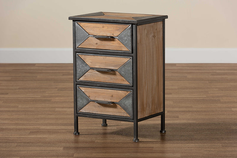 Dennis Rustic Industrial Antique Gray Finished Metal and Whitewashed Oak Brown Finished Wood 3-Drawer End Table