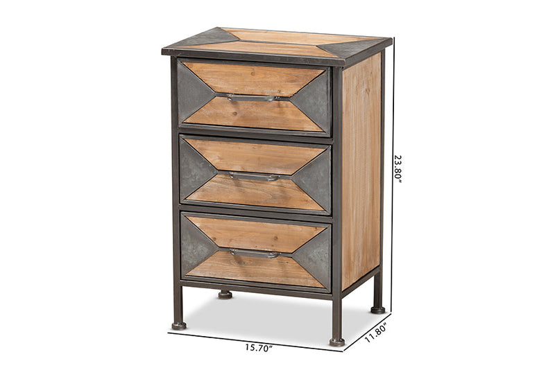 Dennis Antique Gray Finished Metal and Whitewashed Oak Brown 3-Drawer End Table Baxton