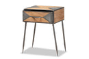 Dennis Antique Gray Finished Metal and Whitewashed Oak Brown 1-Drawer End Table Baxton