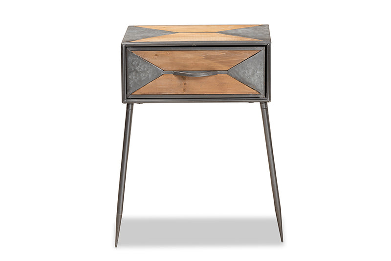 Dennis Rustic Industrial Antique Gray Finished Metal and Whitewashed Oak Brown Finished Wood 1-Drawer End Table