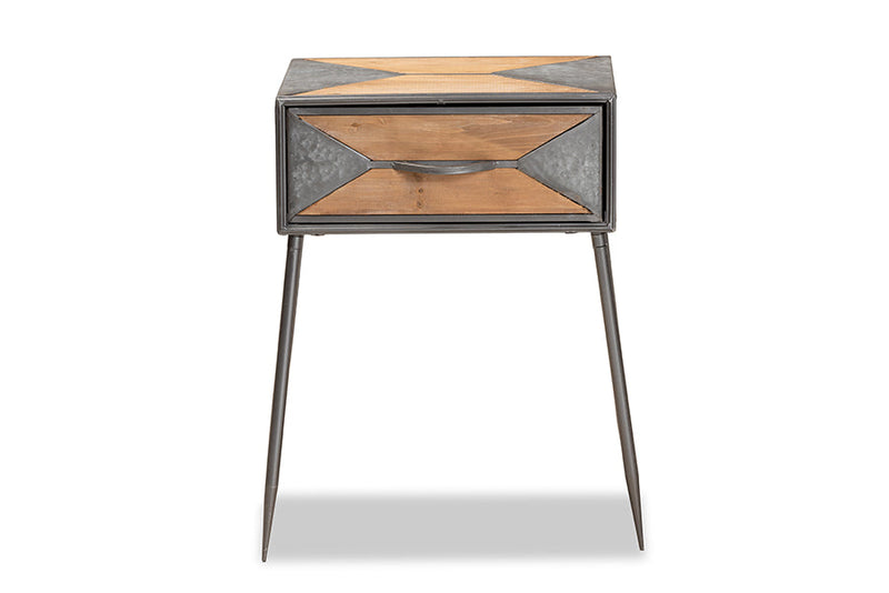 Dennis Antique Gray Finished Metal and Whitewashed Oak Brown 1-Drawer End Table Baxton
