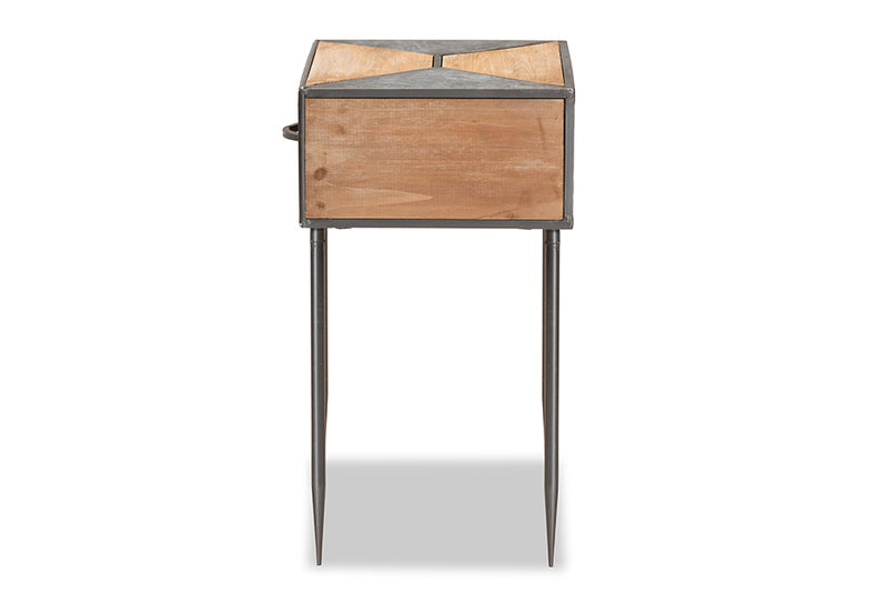 Dennis Rustic Industrial Antique Gray Finished Metal and Whitewashed Oak Brown Finished Wood 1-Drawer End Table