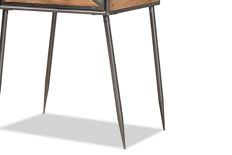 Dennis Antique Gray Finished Metal and Whitewashed Oak Brown 1-Drawer End Table Baxton