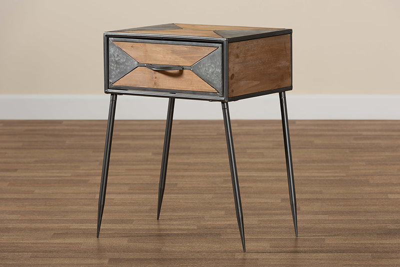 Dennis Antique Gray Finished Metal and Whitewashed Oak Brown 1-Drawer End Table Baxton