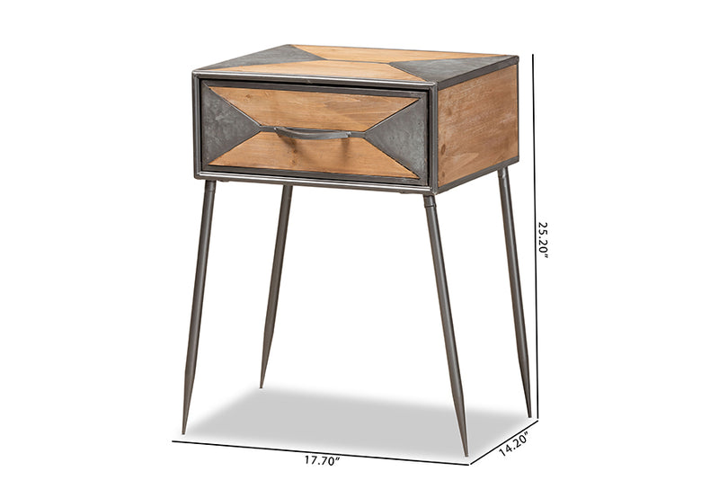 Dennis Rustic Industrial Antique Gray Finished Metal and Whitewashed Oak Brown Finished Wood 1-Drawer End Table