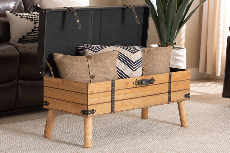 Ratu Rustic Dark Brown PU Leather Upholstered and Oak Large Storage Ottoman Baxton