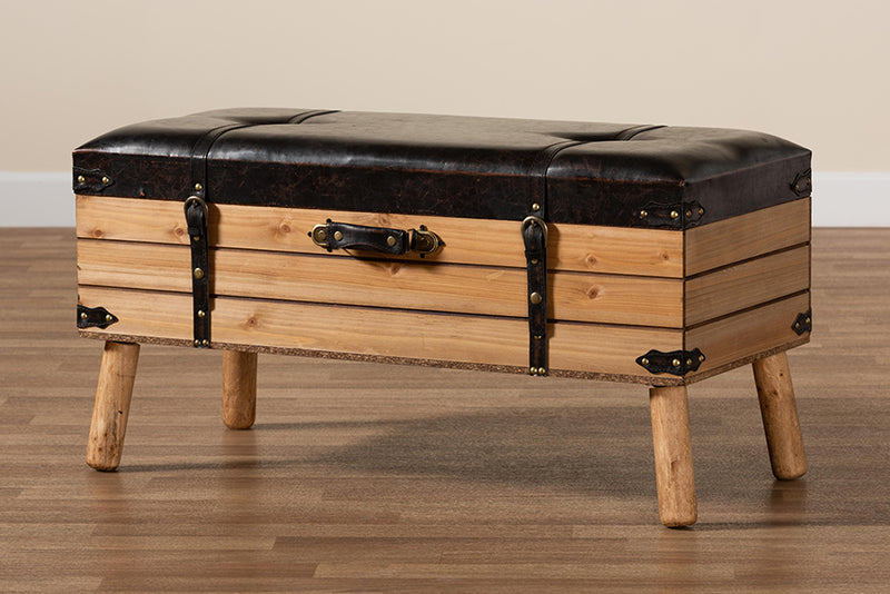 Ratu Rustic Transitional Dark Brown PU Leather Upholstered and Oak Finished Wood Large Storage Ottoman