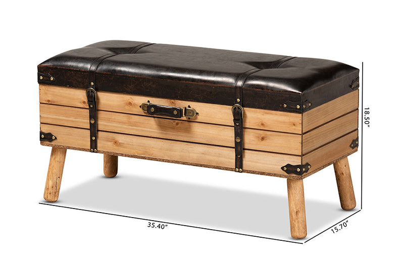 Ratu Rustic Dark Brown PU Leather Upholstered and Oak Large Storage Ottoman Baxton