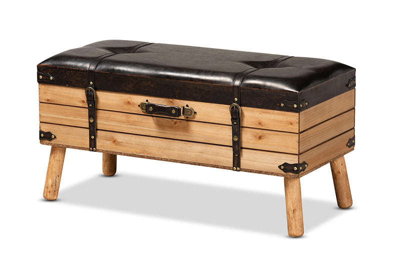 Ratu Rustic Transitional Dark Brown PU Leather Upholstered and Oak Finished Wood Large Storage Ottoman