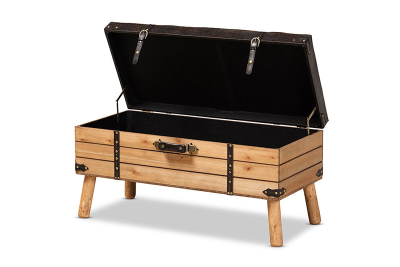Ratu Rustic Dark Brown PU Leather Upholstered and Oak Large Storage Ottoman Baxton