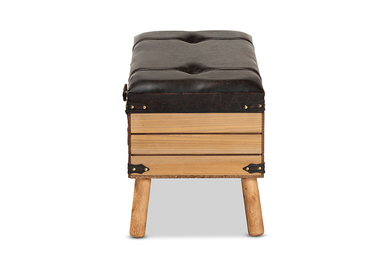 Ratu Rustic Transitional Dark Brown PU Leather Upholstered and Oak Finished Wood Large Storage Ottoman